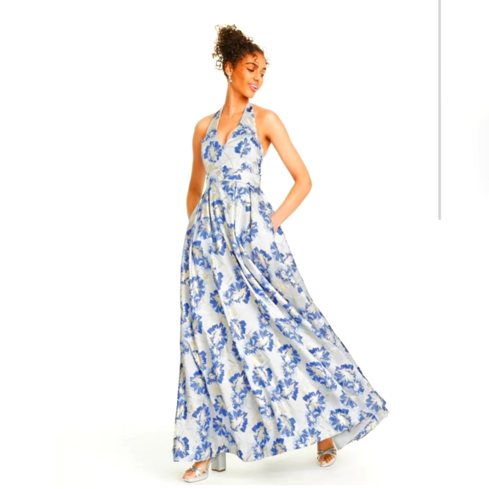 ⭐ HP👗SPEECHLESS BLUE & IVORY FLOWERS V NECK HALTER DRESS CRINOLIN & FLAIR BO